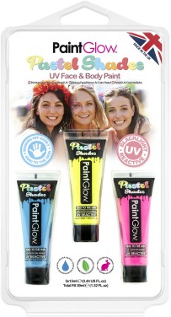 Paintglow PASTEL SHADES Face & Body Paint - Voordelige 3 pak blister | UV neon makeup | 3 kleuren blister pack Pastel UV paint| Party| Be a star